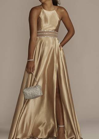 Photo Gold Satin Formal A-Line Dress Illusion  Crystal Waist $40