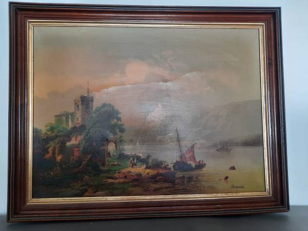 Antique 3427 Oil Painting signed Krause, coastal scene, boats, peop $50