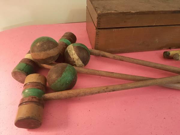 Photo Antique Croquet Set Original Fingerjoint Wooden Box Solid Wooden Piece $50
