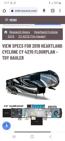 Photo 2019 Heartland Cyclone 4270B Toy Hauler $65,000