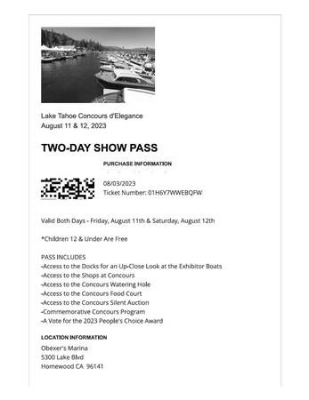 2 Tix to Lake Tahoe Concours DElegance Boat Show $50