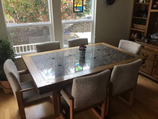 Photo Dining Table  6 chairs Custom made oak  granite top value of over $2000 when $275