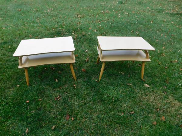 Photo Pair of Blonde Mid Century Modern Two Tier End Table Formica Tapered $225