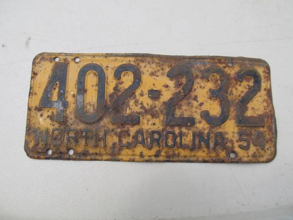 1954 NORTH CAROLINA LICENSE TAG $15