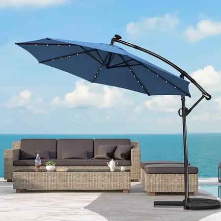 Photo Goplus 10-ft Solar Powered Offset Patio Umbrella with Base $129