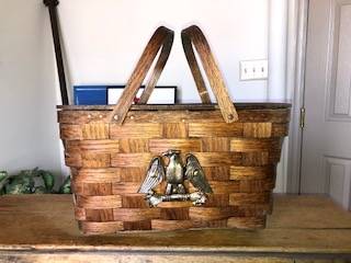 Photo Mid Century Woven Wooden Picnic Basket With American Eagle $40