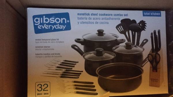 gibson 32 piece carbon steel non stick cookware set $50
