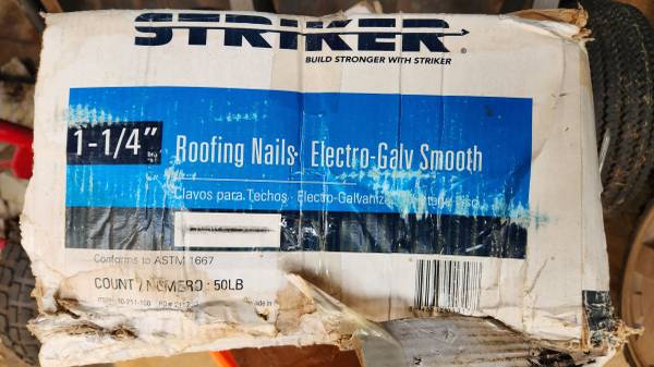 Photo 50 lbs of Striker 1 14 roofing nails. $15