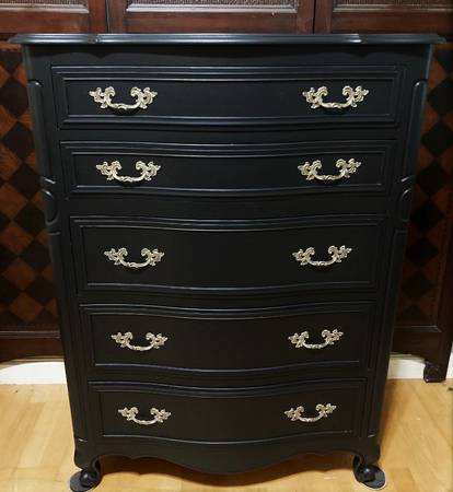 Photo French Country 5 Drawer Tall Boy Chest in Luxe Flat Black $475