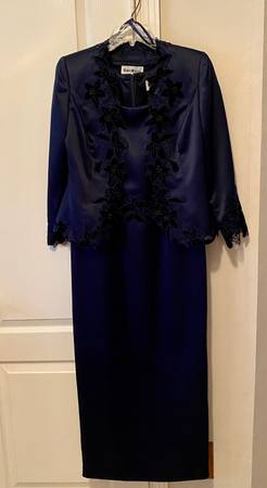 Navy Blue Sleeveless Long Dress with Long Sleeve Jacket $25