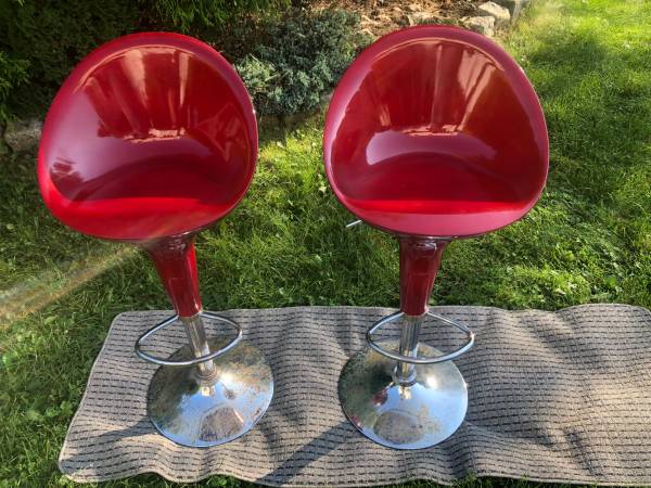 Photo 2 vintage Modern Red Plastic adjustable swivel high back bar stools $200