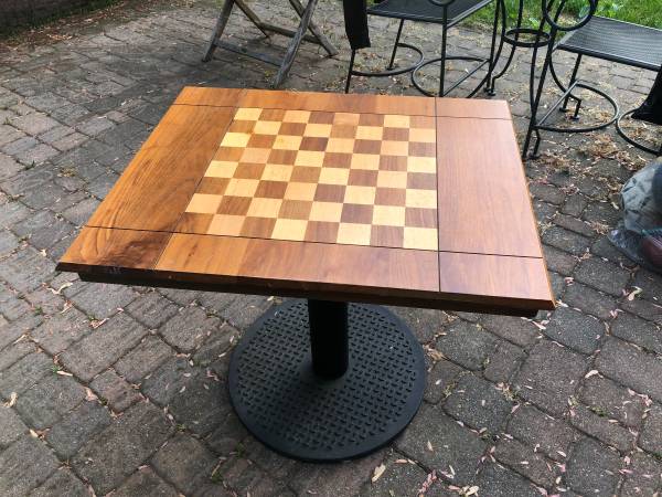 Photo Drueke Wood Inlay Chess Pedestal Table Custom Made  Black Iron Base $1,200