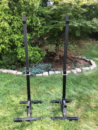 Photo Pair of Adjustable Squat Rack Solid Steel Weight Stands Barbell Gym $100