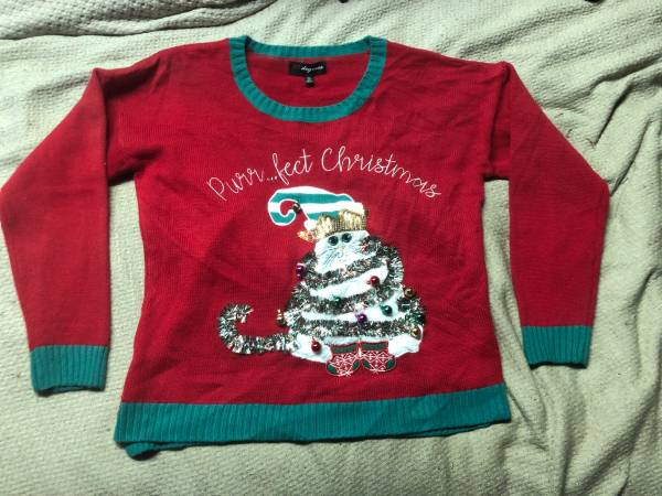 Photo Purrfect ugly Cat Christmas Tree sweater with metal bells $40