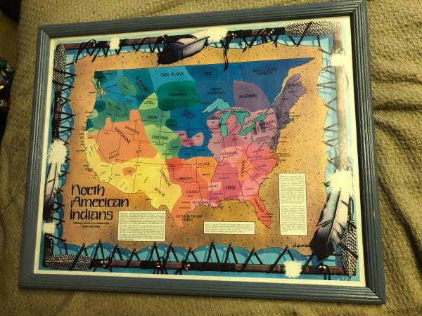 Vintage 1989 Native North American Indian Tribes Map Glass Wood Frame $40