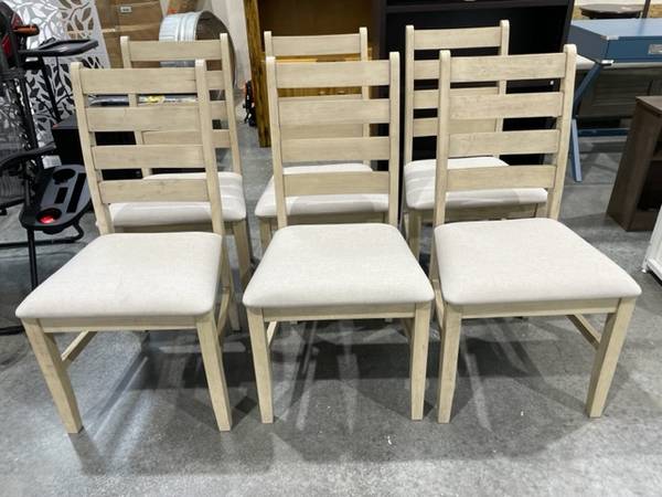 Photo (Set of 6) Antique White and Cream Farmhouse Ladder Back Dining Chairs $360