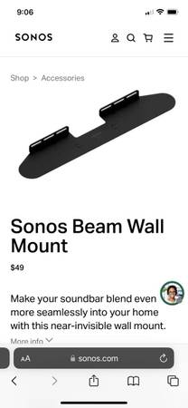 Photo Sonos Beam Wall Mount $20