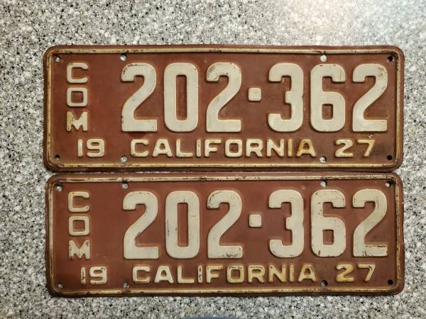 Photo 1927 California Commercial License Plates, DMV Clear $350