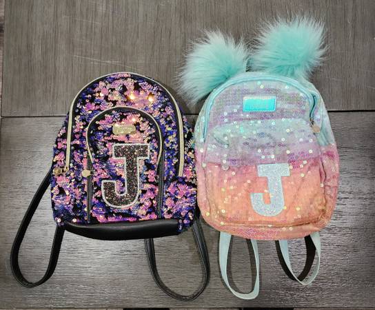 2 Justice Girls Mini Backpack Flip Sequin with Initial J, Teal Pom Pom $30