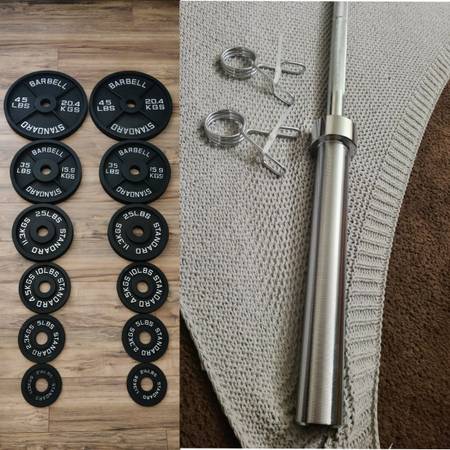 Photo Brand New Olympic 290 pound weight plate set and barbell FIRM PRICE MACHINED PLA $350