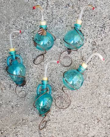 Photo Lot of 5 Blue Glass Bird Feeders - Garden Yard $50