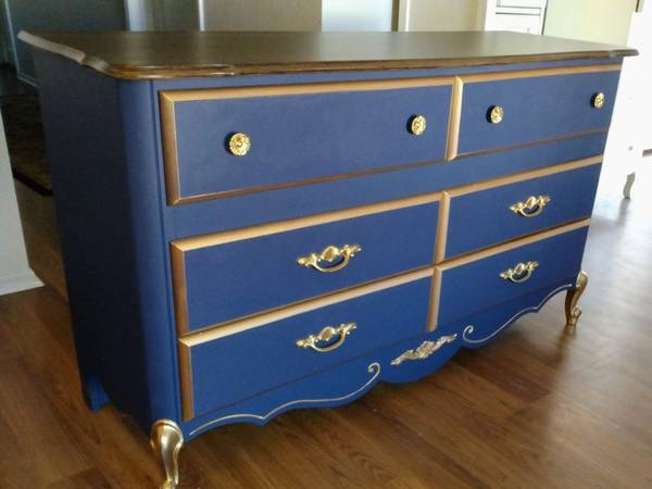 Photo Navy Blue  Gold Trim French Provincial Double Dresser $225