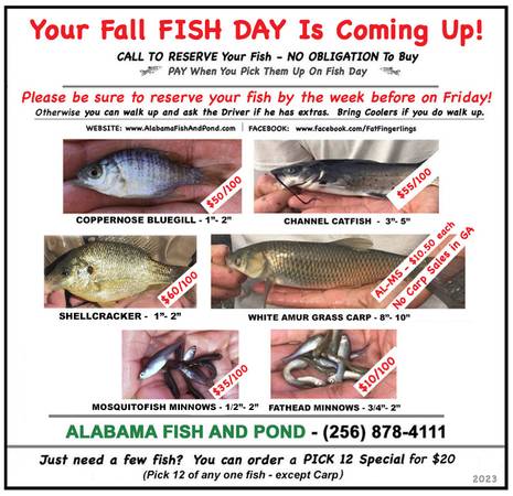 POND STOCKING Fish Day WEDNESDAY in Kosciusko, MS $1