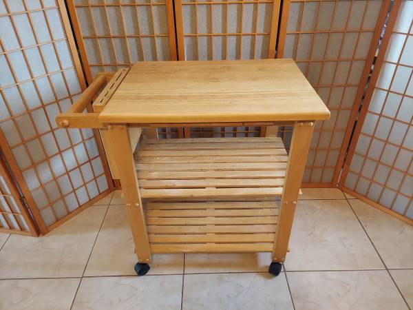 Photo Solid Ash Hardwood Kitchen Rolling Cart with Pull Out Cutting Board. $140