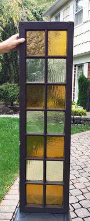 Photo ANTIQUE STAINED GLASS TRANSOM - 14 PANES - AMBER, CARAMEL  CREAM $275