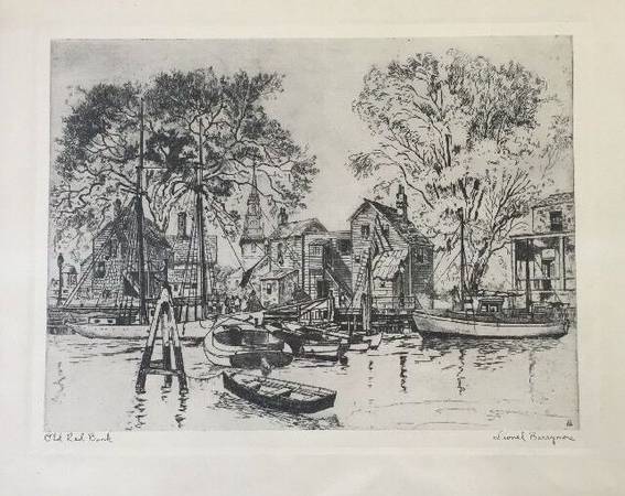 Antique Framed Print Old Red Bank Waterfront w Boats Lionel Barrymore $40