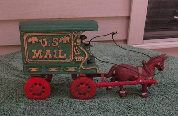 Photo Vintage Cast Iron Horse-Drawn U.S. Mail Wagon with DRIVER AND REIGNS $20