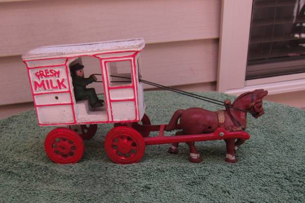 Photo Vintage Cast Iron Horse Drawn Carriage Fresh Milk Stagecoach $25
