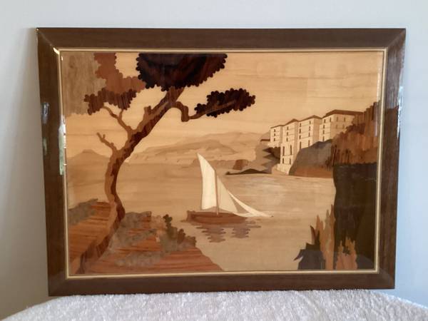 Vintage Wood Inlay Marquetry Sailboat and Harbor Scene 11 X 15 Wall Ha $50
