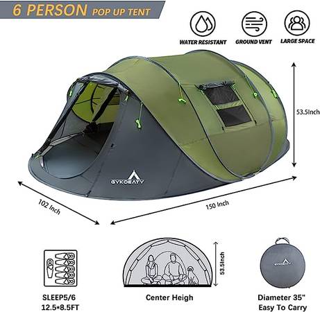 Photo 6 Person Pop Up Cing Tent Gray Green New $75