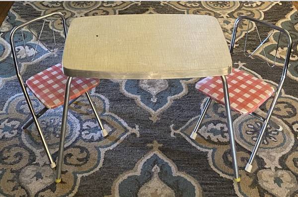 Photo Formica Kids Table and Chairs Vintage 1960s w 2 White W Red Checker $100