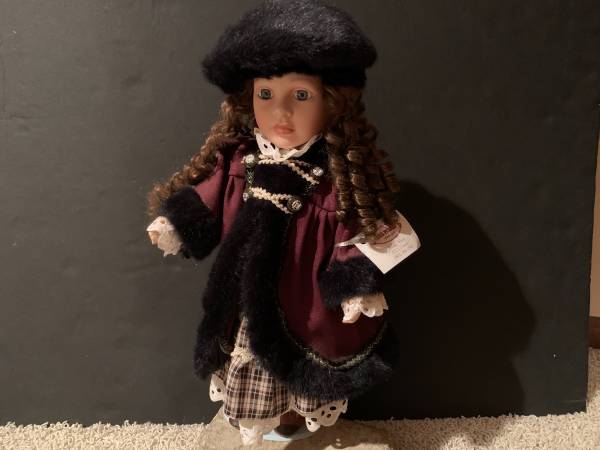 Photo NWT 17 Tall Victorian Porcelain Doll with Brown curly HairBlue Eyes $10