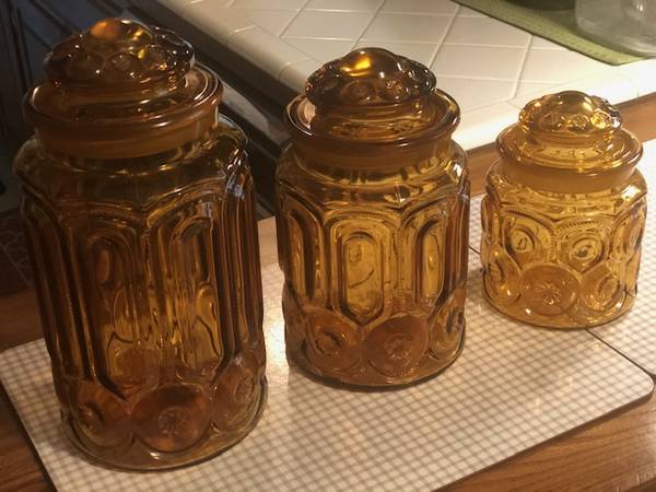 Vintage LE Smith Moon and Stars Amber Glass Canister Set $95