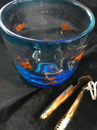 Photo Blue Leaded Glass Fish Ice Bucket with Tongs $30