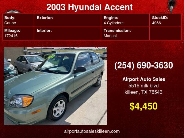 Photo 2003 Hyundai Accent 3dr HB Cpe Manual $4,450