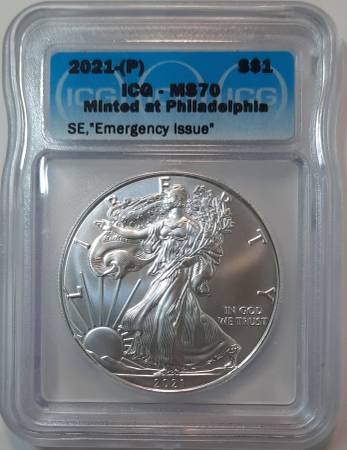 Photo 2021-P MS-70 AMERICAN SILVER EAGLE, EMERGENCY ISSUE .999 SILVER $85