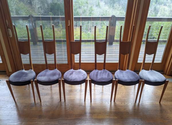 6 Custom Solid Maple Ultra-Modern Gazelle Dining Chairs Purple Seats $1,495