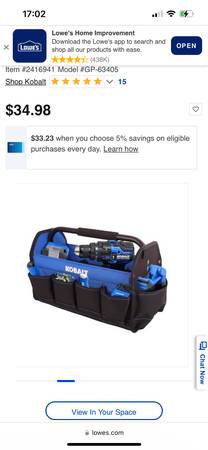 Photo Kobalt tool bag $35