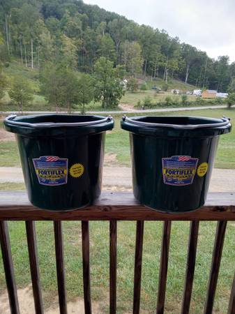 Photo New flat back 20qt buckets (2) hunter green, Halter and lead rope $40