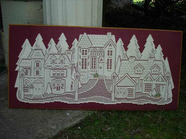 Photo Vintage Victorian Style Large Crocheted Holiday Scene Mounted On Frame $20