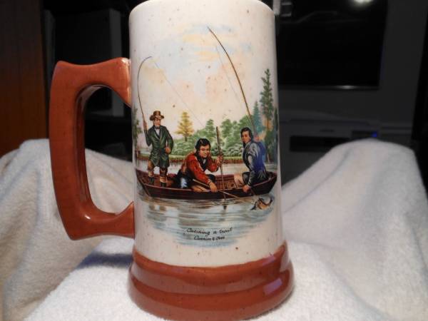 Iconic Currier  Ives Catching A Trout fishing mug $12