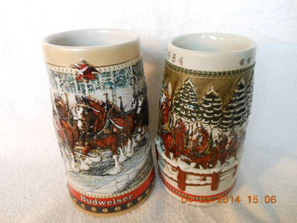 Photo VINTAGE 1984  1988 CHRISTMAS HOLIDAY STEINS BY BUDWEISER $35