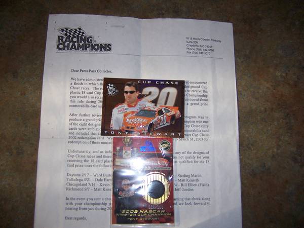 Photo Tony Stewart Press Pass 2002 Chase win Card $20