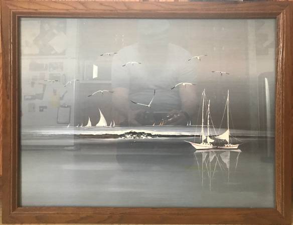 Large Framed Seagull-Sailboat-Boat-Shore Faux Drawing Artwork Piece $19