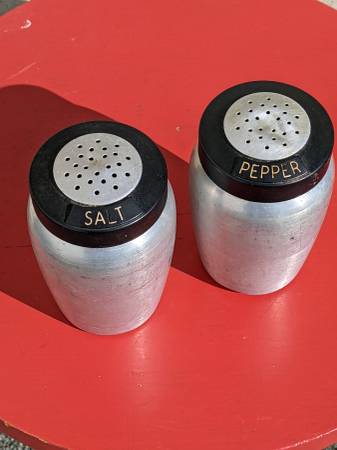 Photo Pair Kromex aluminum salt and pepper shakers $25