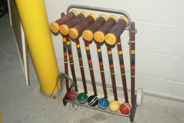 Photo Vintage Croquet Set Game 6 Player with Wheeled Rolling Cart Stand $99